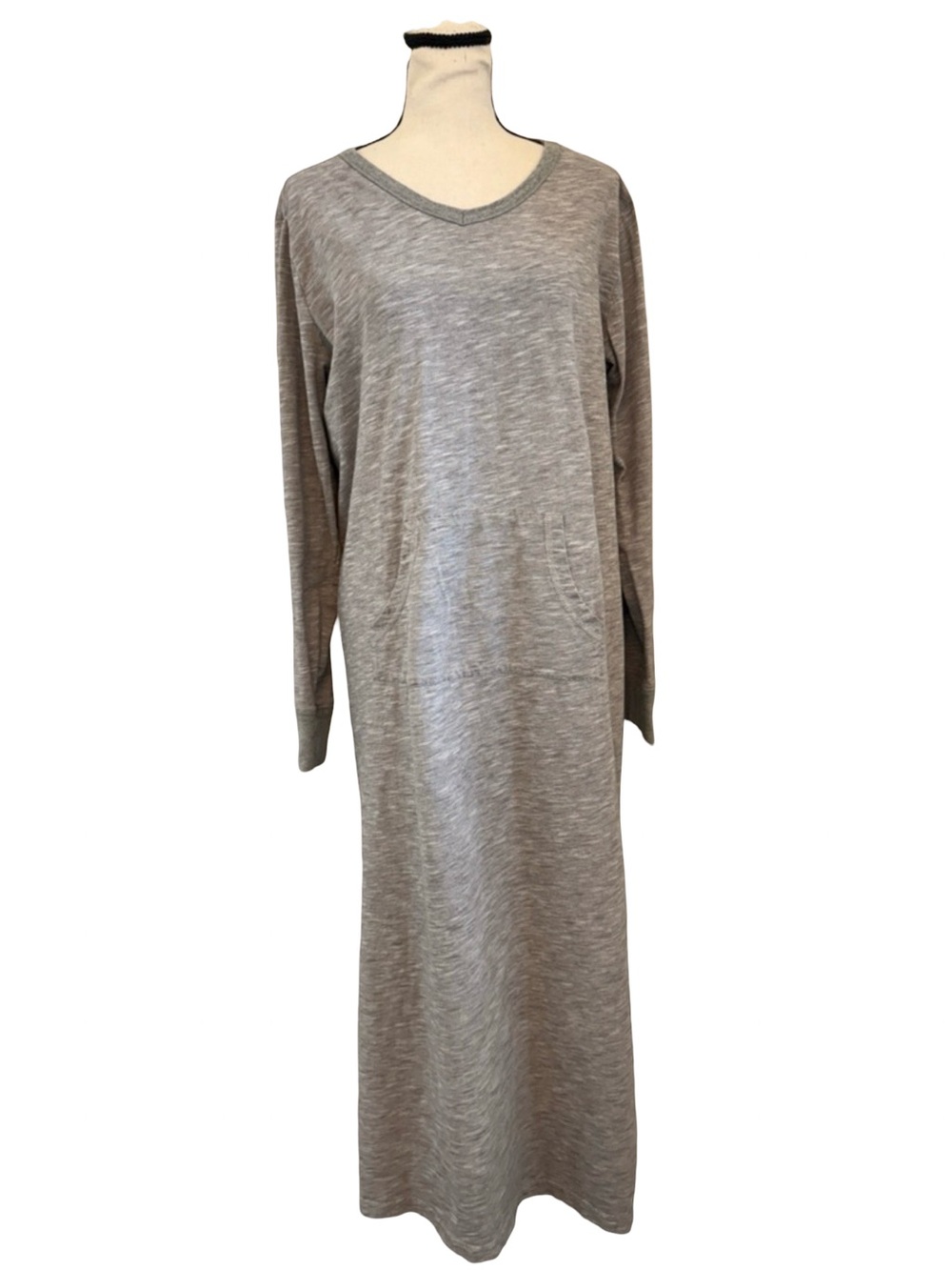 Addison Meadow Gray Maxi Dress Large Long Sleeve V Neck Pocket Lounge Casual